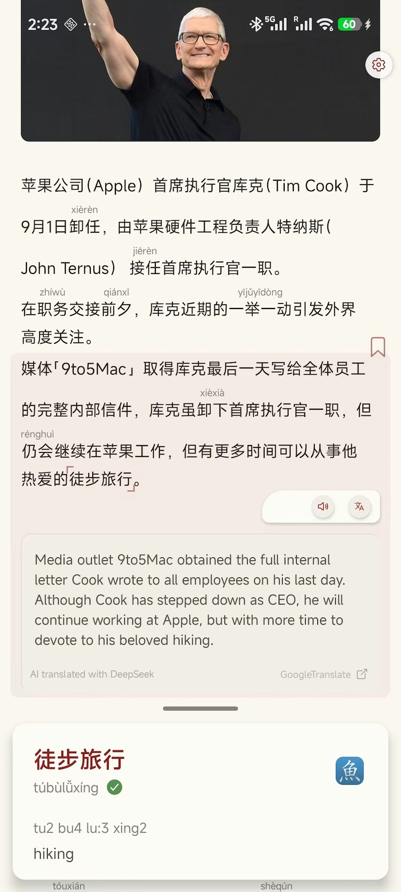 Sentence-level translation beside Chinese text